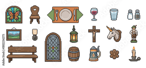 Large set of pixel art icons featuring rustic tavern and inn objects like furniture, stained glass, a unicorn trophy, and a crucifix in a retro 8-bit video game style