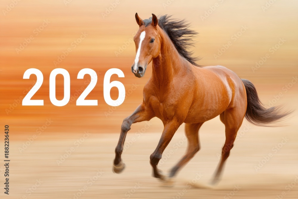 Obraz premium Dynamic illustration of a horse mid gallop with motion blur against a warm gradient background, featuring the year 2026 prominently displayed for promotional use