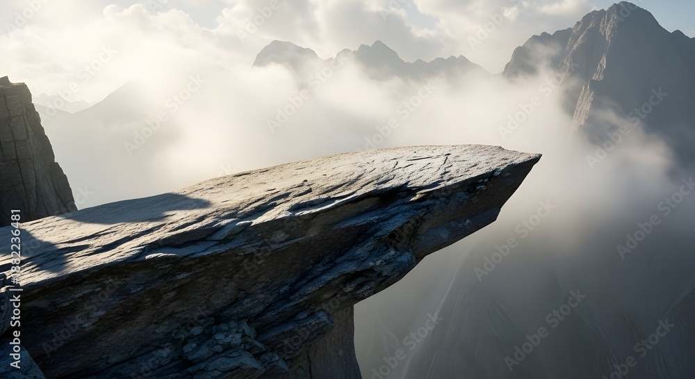 Naklejka premium Dramatic view from trolltunga rock formation overlooking misty mountains at sunrise or sunset