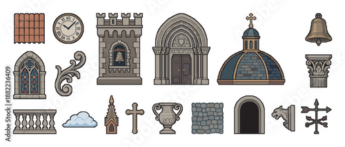 Set of medieval architectural pixel art elements including a bell tower, dome, stained glass window, clock, and gargoyle for video game design or fantasy illustration