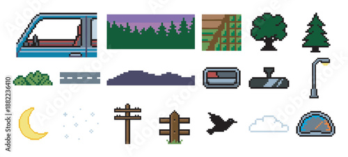 Collection of pixel art game assets featuring road trip and nature elements like a car, trees, road, and speedometer for a retro 8-bit or 16-bit video game design