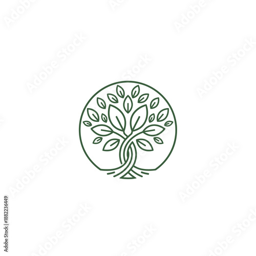 Stylized green tree with interwoven roots and leaves, enclosed in a circle