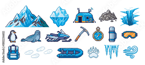 Pixel art collection of arctic expedition icons featuring a penguin, seal, snowmobile, iceberg, and research equipment in a retro 8-bit video game style