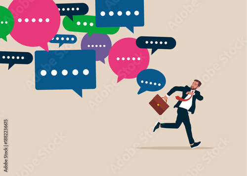 Overload, too many messages or spam. Businessman run away from collapsing stack of online speech bubble. Flat vector illustration