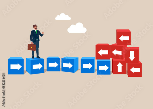 Businessman think atypically, counter pressure and resistance. Advance ahead. Overcome difficulties and misunderstandings. Modern flat vector illustration.