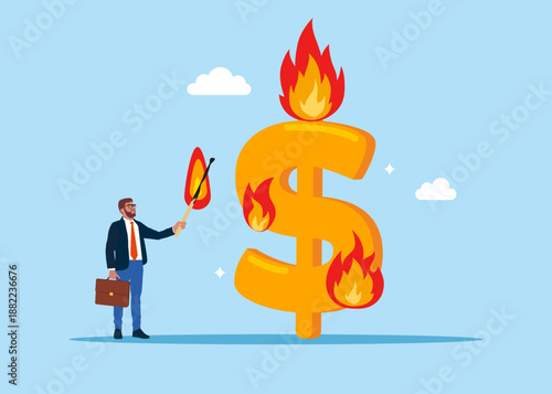 Hot offer. Businessman deliberately sets fire to Dollar symbol. Lose money dollar investment in financial crisis, profit and loss in business or deflation and inflation concept. Flat vector illustrati