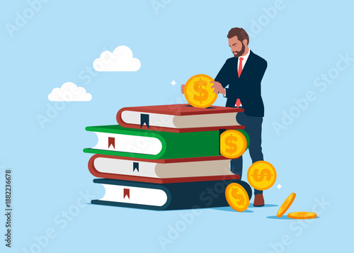 Paying for his education. Businessman making a dollar coin deposit in stacks of books. Education investment. Saving money for education. Payment for course or learning. Flat vector illustration