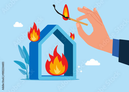 Hot offer. Arm sets a house on fire. Strong fire. Home with Fire. Flat vector illustration.