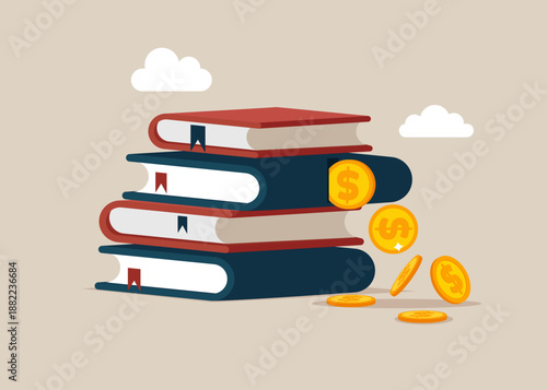 Books bring money. Education fund. Education investment. Saving money for education. Payment for course or learning. Flat vector illustration