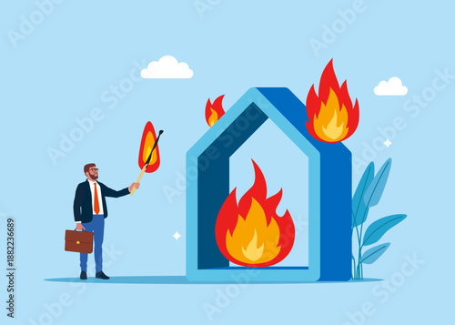 Hot offer. Man sets a house on fire. Strong fire. Home with Fire. Flat vector illustration.