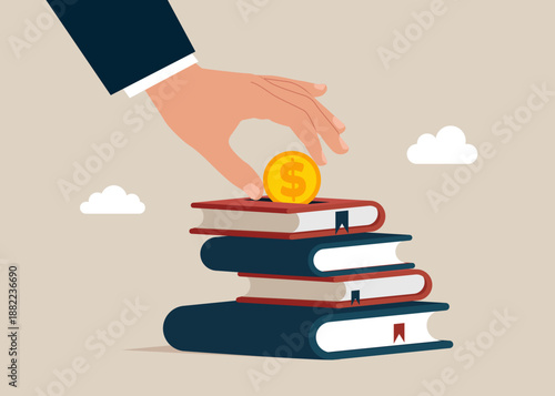 Paying for his education making a dollar coin deposit in stacks of books. Education investment. Saving money for education. High cost. Payment for course or learning. Tuition fees, scholarship. Flat v