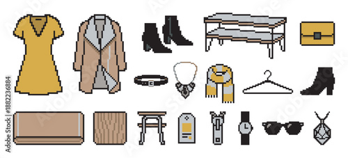 Pixel art collection of fashion items and accessories including a dress, coat, shoes, and handbag in a retro 8-bit video game style for a virtual wardrobe or shopping concept