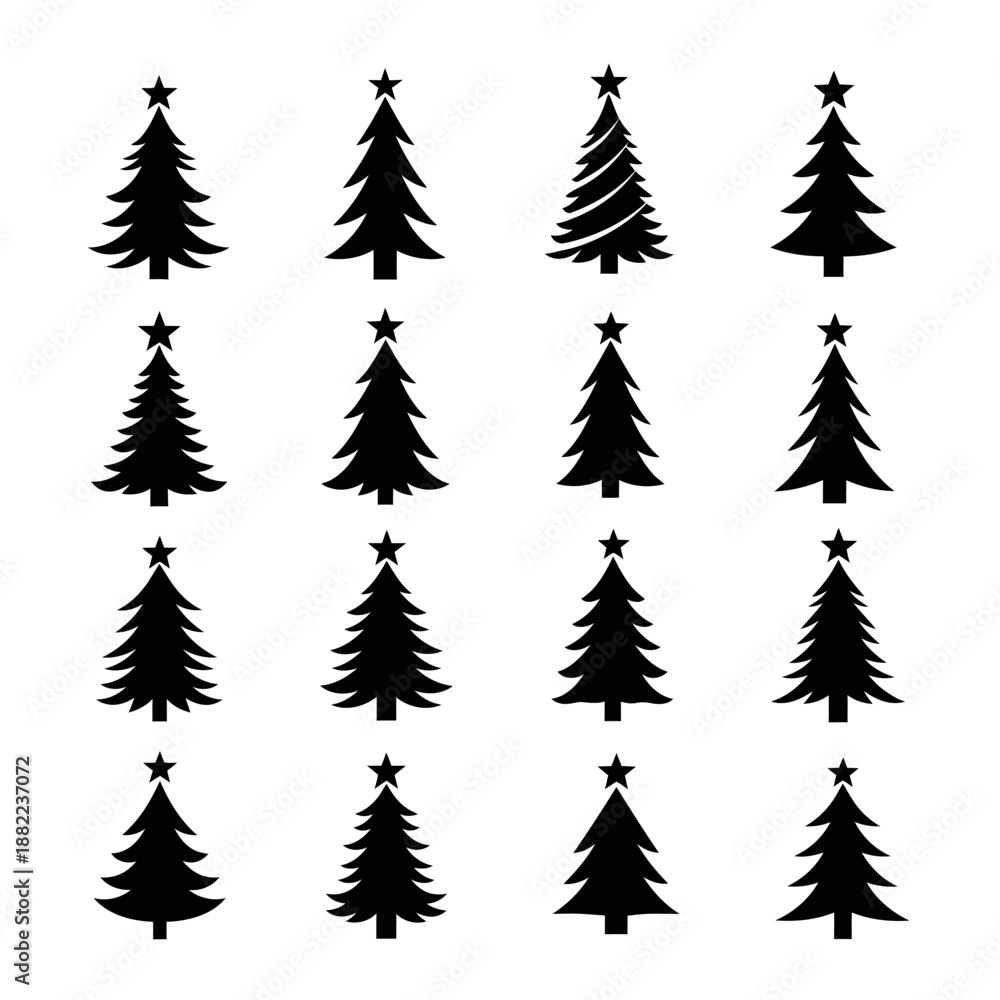 Obraz premium A grid of sixteen simple black Christmas tree silhouettes with stars