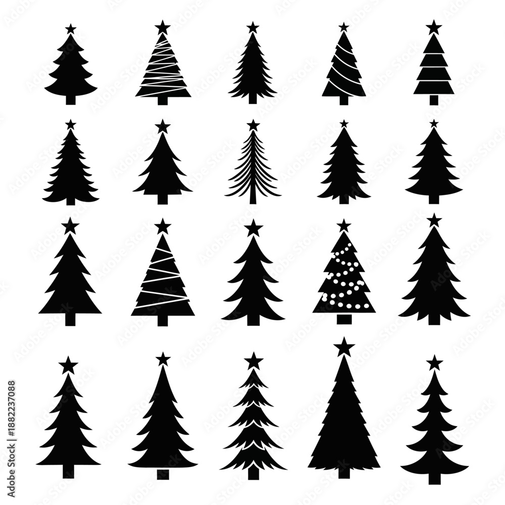 Obraz premium Collection of 15 black silhouette Christmas trees with stars on white