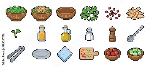 Pixel art salad making icon collection featuring various ingredients and utensils like bowls, vegetables, and condiments in a classic retro 8-bit video game asset style