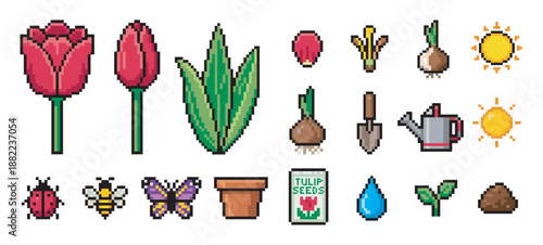 Pixel art gardening icon set showing the life cycle of a tulip from bulb to flower with tools and insects in a retro 8-bit video game style for a spring theme