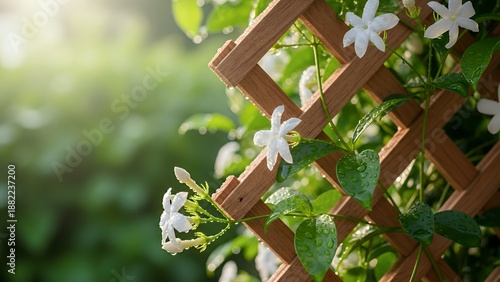 Jasmine Flowers Growing On Wooden Trellis Morning Dew