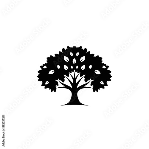 A stylized silhouette of a deciduous tree with a rounded canopy and visible leaves