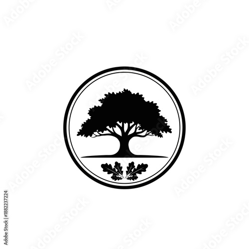 Silhouette of a mature oak tree within a circular emblem, below are oak leaves