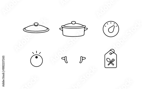 Collection of simple line art icons related to cooking and food preparation
