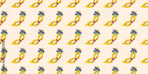 Vector seamless pattern with yellow mardi gras mask with purple and green feather on light background. Festive carnival masquerade for party wrapping paper, fabric, textile, holiday decoration design.