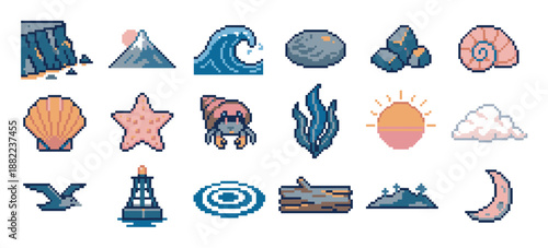 Collection of pixel art sea icons in a charming retro 8-bit video game style, featuring a wave, seashell, starfish, hermit crab, sun, moon, and other nautical elements