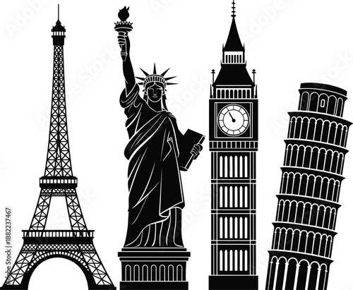World famous landmark silhouettes Eiffel Tower Statue of Liberty Big Ben Leaning Pisa vector collection
