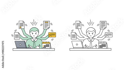 Overworked Employee Multitasking with Documents and Deadlines Illustration