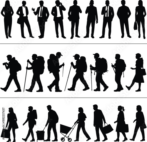 People silhouettes showing business professionals hikers shoppers parents walking poses isolated white background collection vector