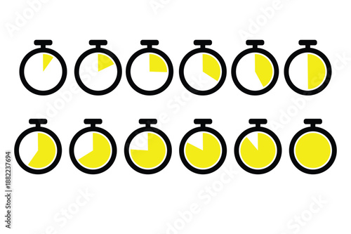A collection of ten stopwatch icons with varying yellow fill levels