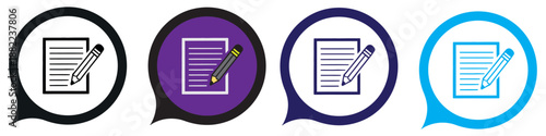 Colorful edit icon set: document and pencil in speech bubble shapes for content creation