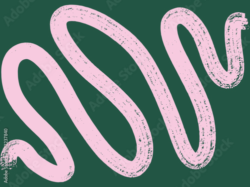 Dynamic Pink Brush Stroke Banner on Green Background. Grainy Hand-Drawn Texture. Distressed Vintage Wavy Shapes Bold Abstract Lines
