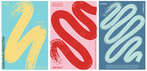 Vector Grainy Wavy Lines Grunge Texture Poster Background Collection. Multicolor Bold Curved Brush Strokes Poster Set