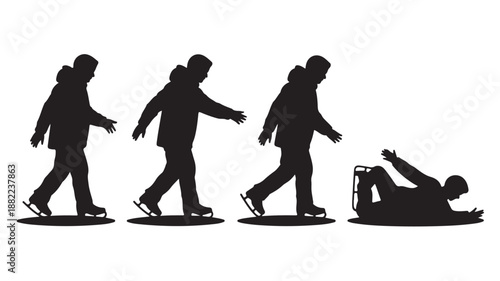 Falling Ice Skater Silhouette Sequence Isolated on White