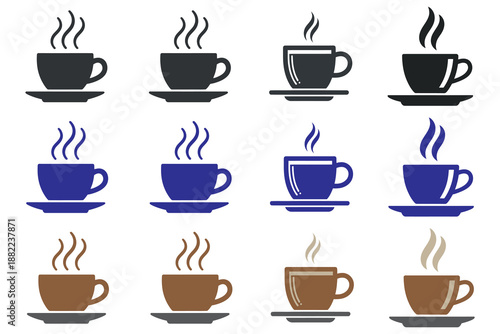 Collection of steaming hot coffee and tea cup icons in various styles and colors