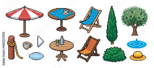 Collection of pixel art summer vacation items including a striped umbrella, deck chairs, tables, and Mediterranean trees for a retro video game asset pack or creative project