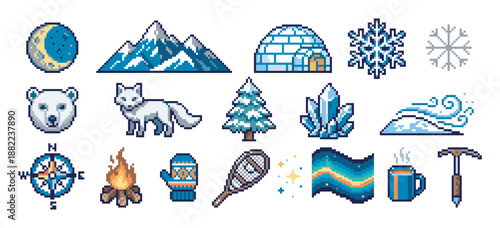 Set of winter themed pixel art icons featuring an arctic fox, polar bear, igloo, mountains, and other exploration elements in a retro 8-bit video game style illustration