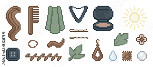 Collection of pixel art icons featuring hair, a comb, clothing, makeup, jewelry, and nature elements for a retro video game inventory in a muted, earthy color palette