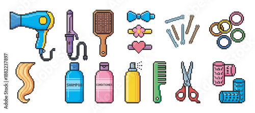 Colorful pixel art set of hair styling tools and beauty accessories including a hairdryer, comb, shampoo, and scissors in a retro 8-bit video game style graphic