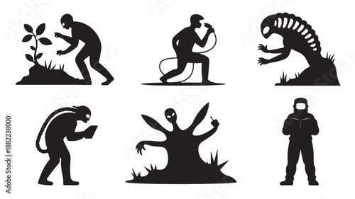 Evolution Silhouettes Human, Alien, and Sci-Fi Characters Isolated on White