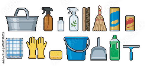 Pixel art collection of various cleaning supplies and household items like buckets, gloves, spray bottles, and a broom, rendered in a detailed 8-bit retro video game style