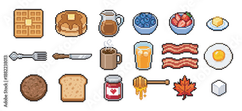 Set of pixel art breakfast food icons including waffles, pancakes, bacon, eggs, and coffee in a retro 8-bit video game style illustration for a classic morning meal concept