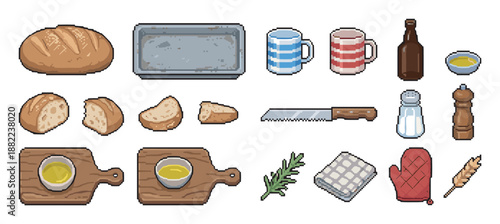 Pixel art collection of bread baking items including a loaf, knife, olive oil, salt, pepper, and oven mitt, designed as retro 8-bit video game assets for a kitchen theme