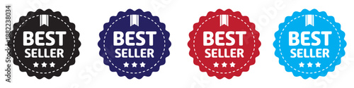 Collection of best seller product badges in various colors with stars and ribbon icon