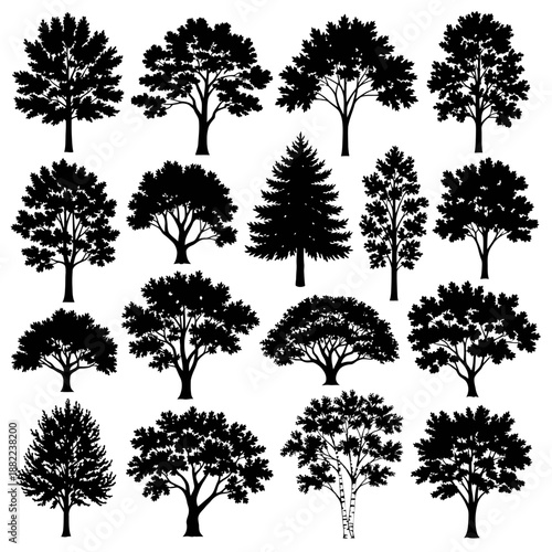 Collection of diverse black tree silhouettes against a white background