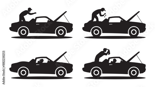 Car Repair Silhouette People Working on Broken Car Engine Isolated on White