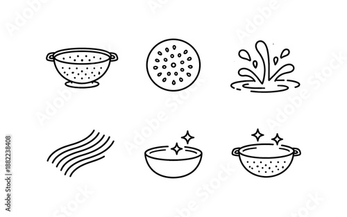 Collection of simple line art icons representing kitchen and food preparation tasks