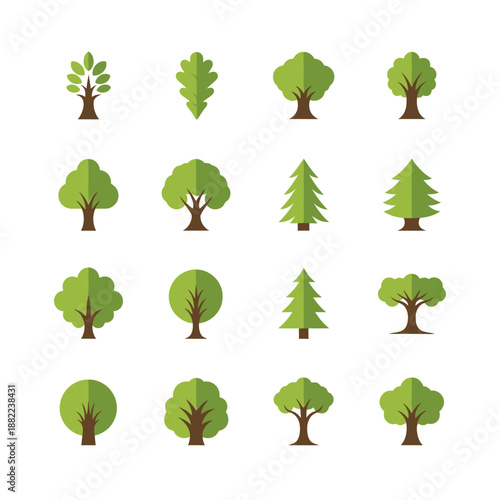 A grid of 16 simple green tree icons on a white background