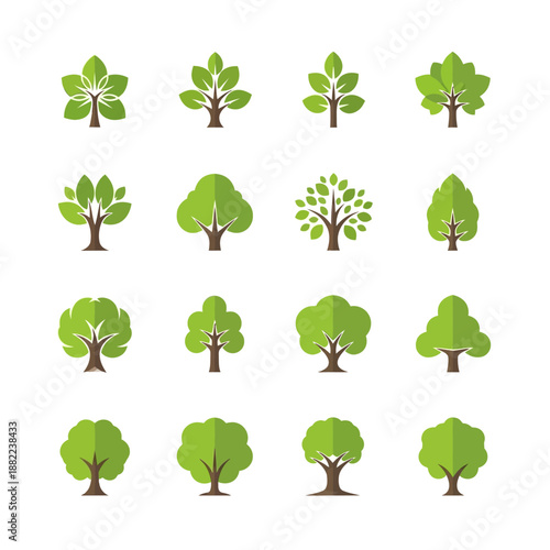 A collection of sixteen stylized green trees, each unique in shape