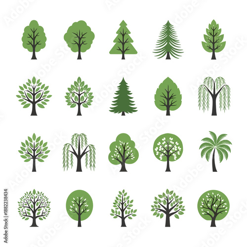Collection of flat design trees, including deciduous, coniferous, and palm varieties